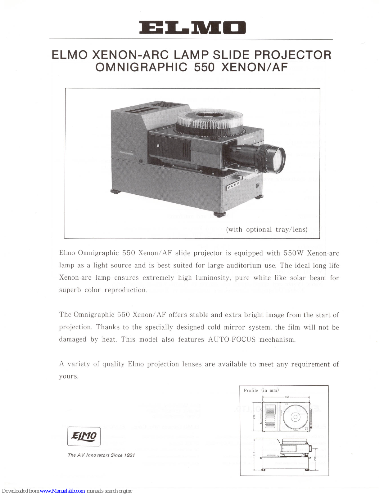 Elmo Omni-550 Xenon, Omnigraphic 550 Xenon/AF Specifications