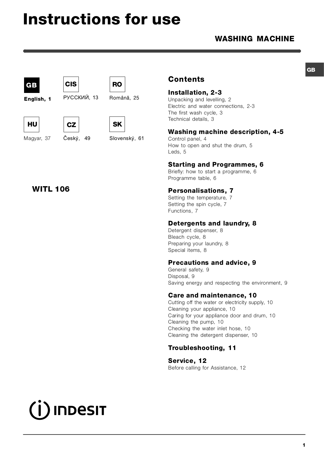 Indesit WITL 106 User Manual