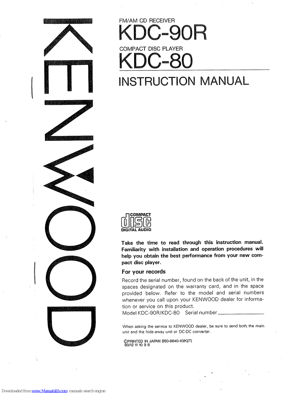 Kenwood KDC-80, KDC-90R Instruction Manual