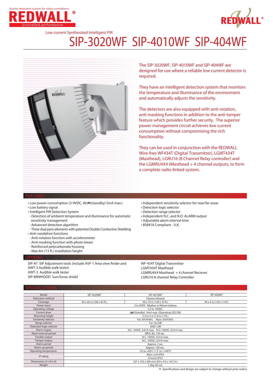 Optex SIP-4010WF, SIP-404WF Specsheet