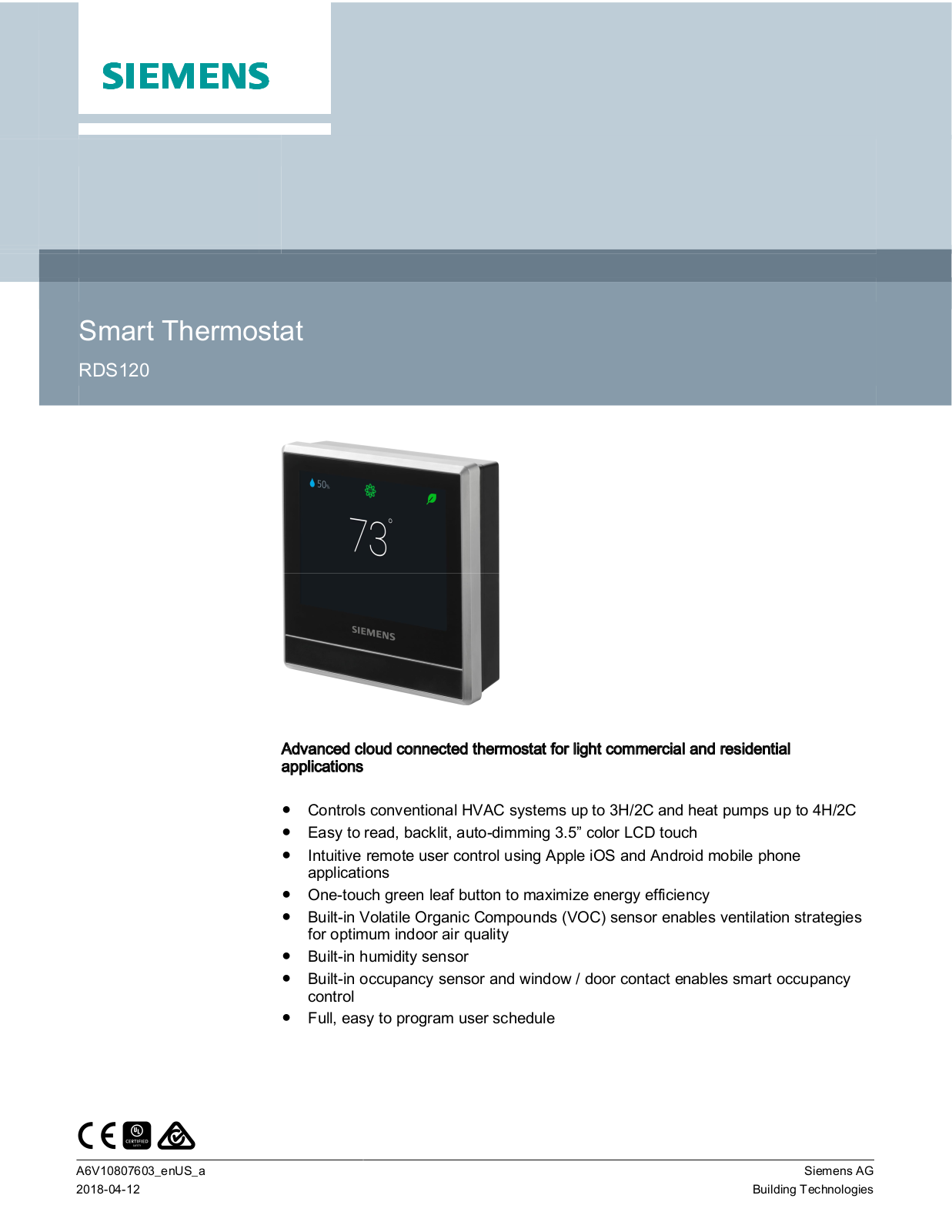 Siemens Building Technologies RDS120 Data Sheet