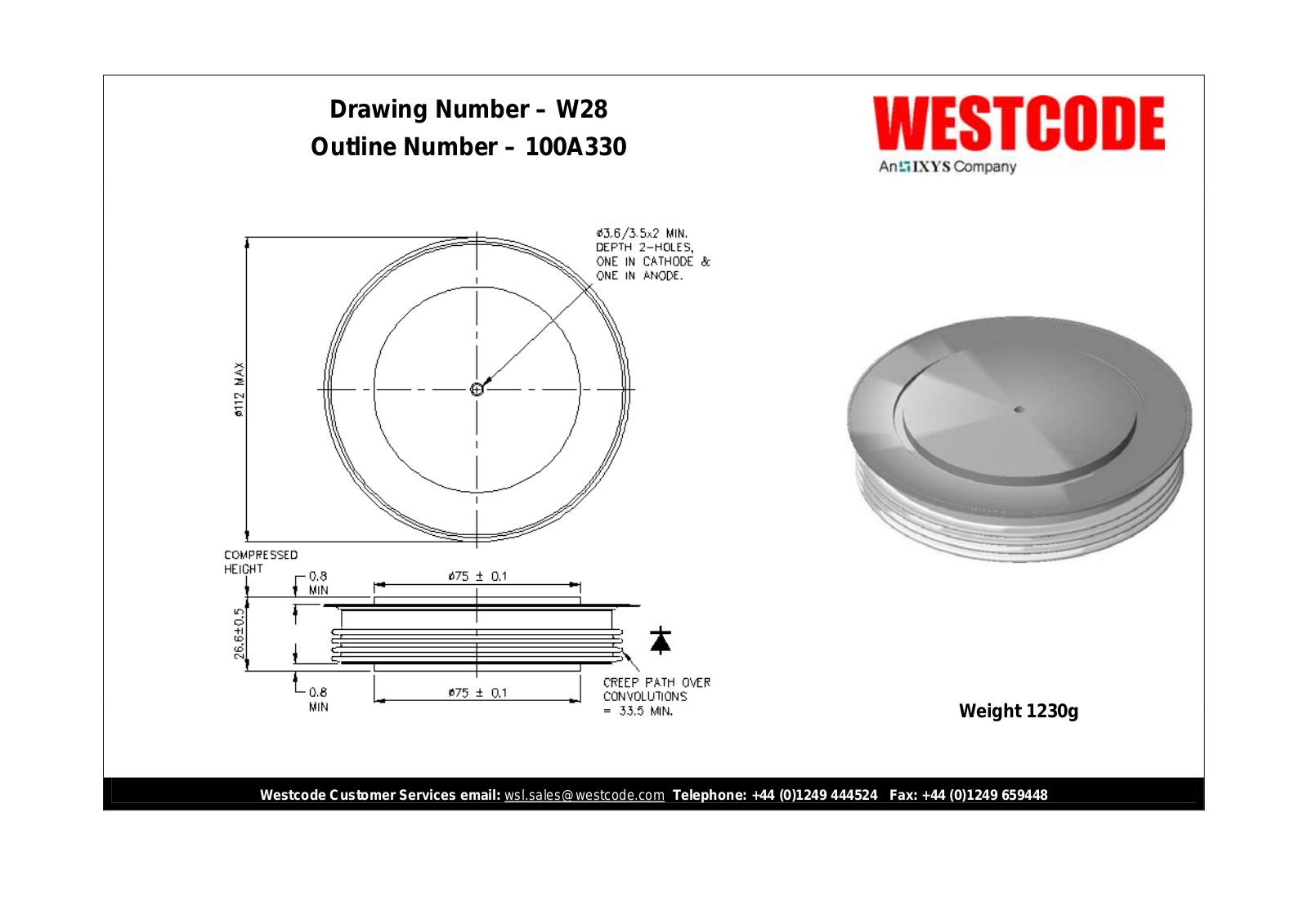 Westcode Semiconductors W28 100A330 Dimensional Sheet