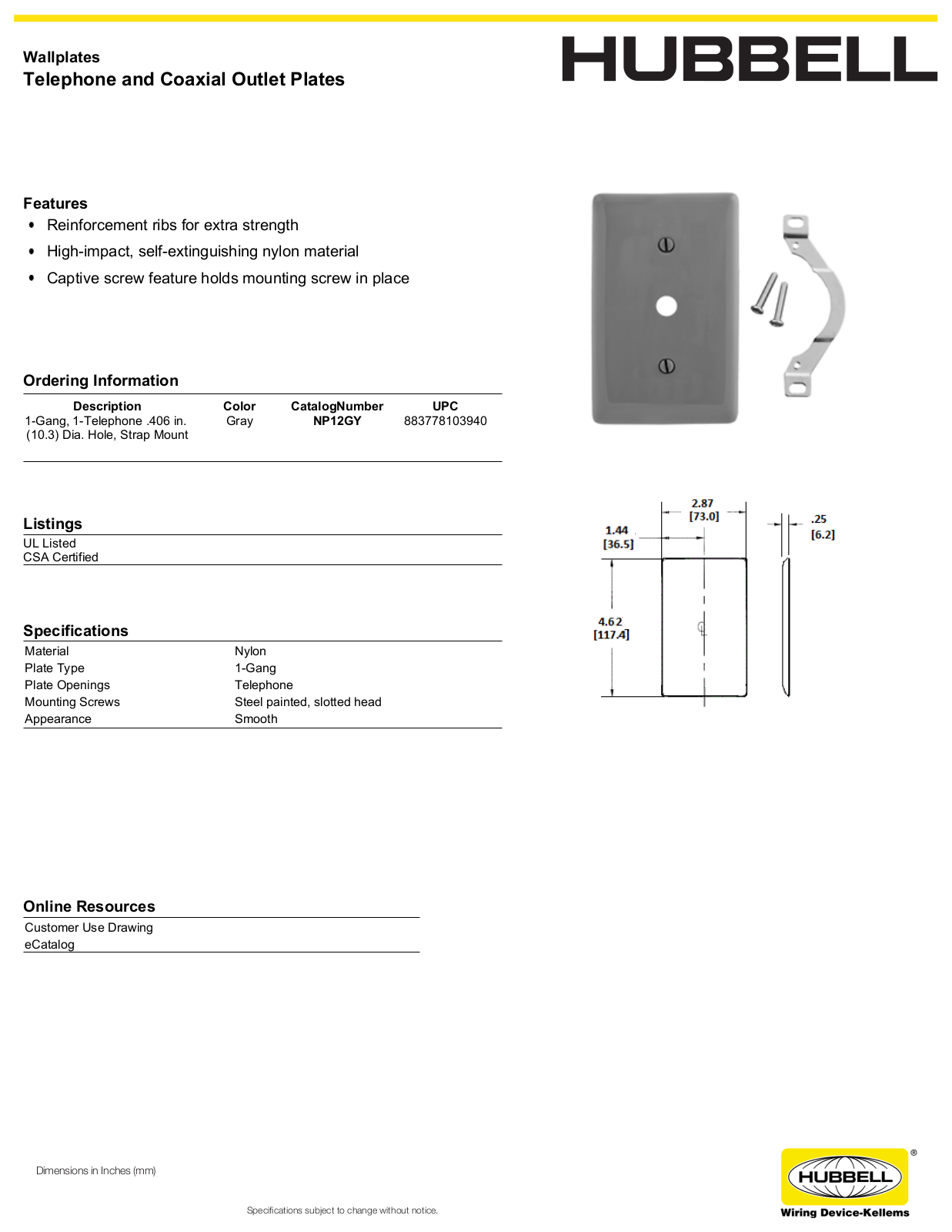 Hubbell NP12GY Specifications