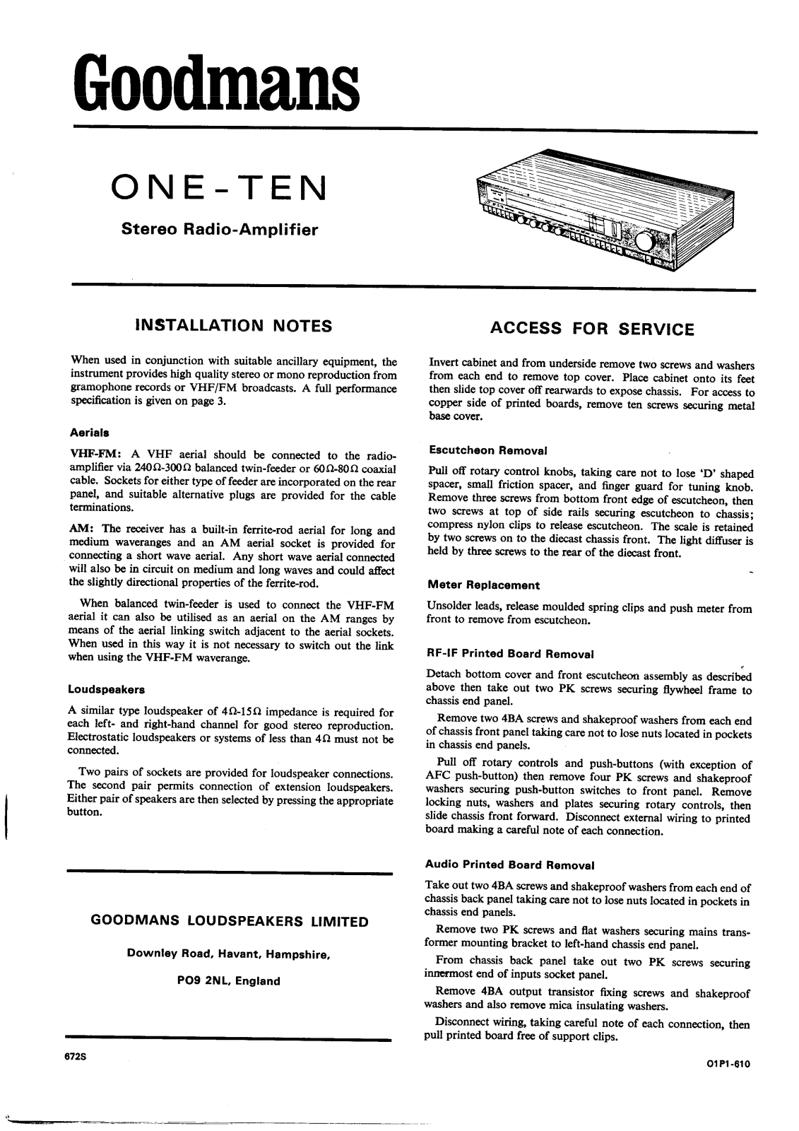 Goodmans One-Ten Service manual