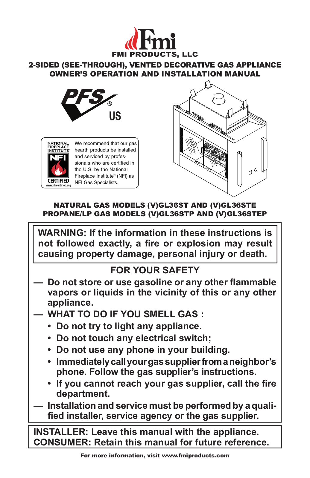 FMI GL36STP, GL36STE, GL36STEP, VGL36ST, VGL36STE Owner's Operation And Installation Manual