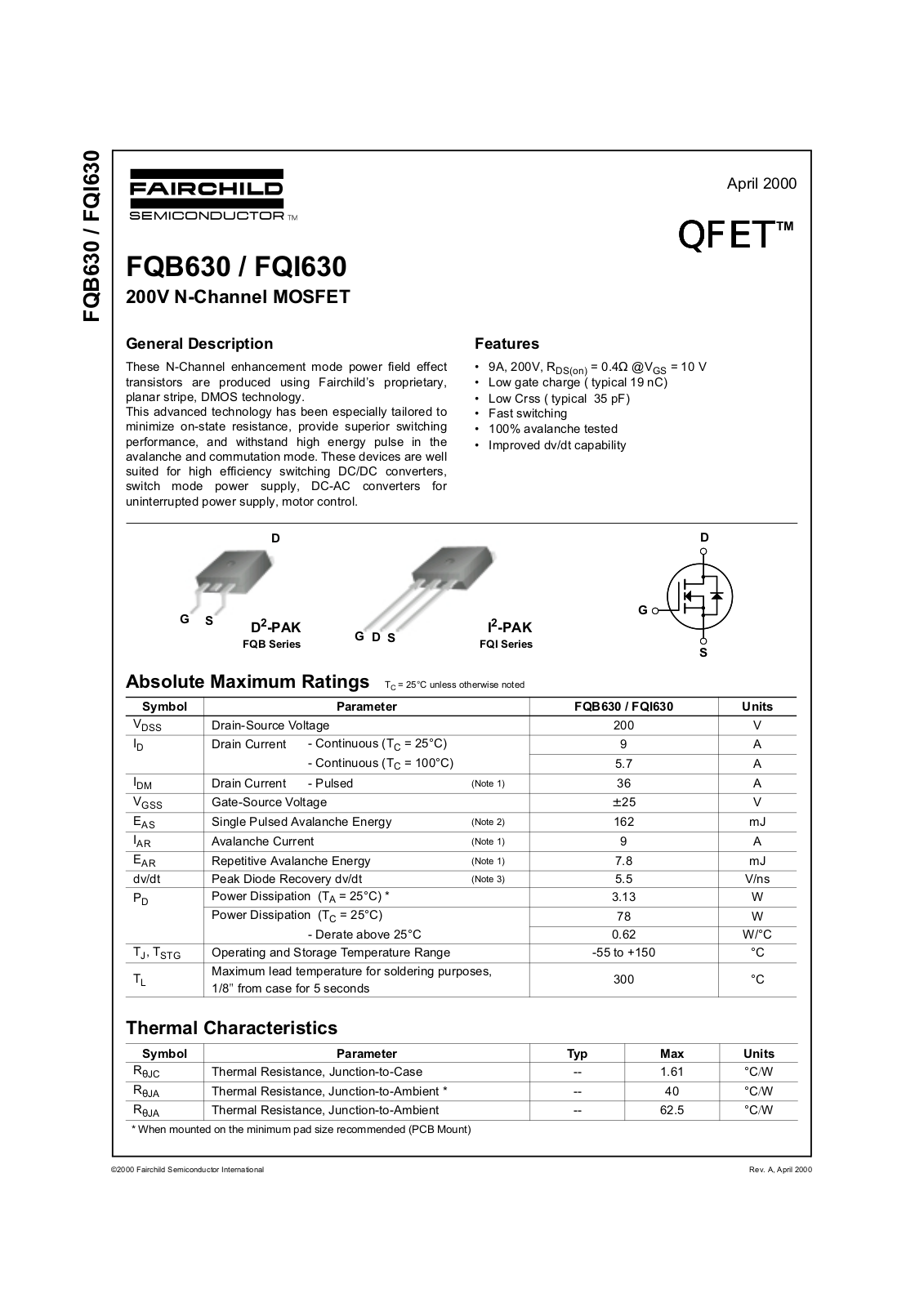 Fairchild Semiconductor FQB630 Datasheet