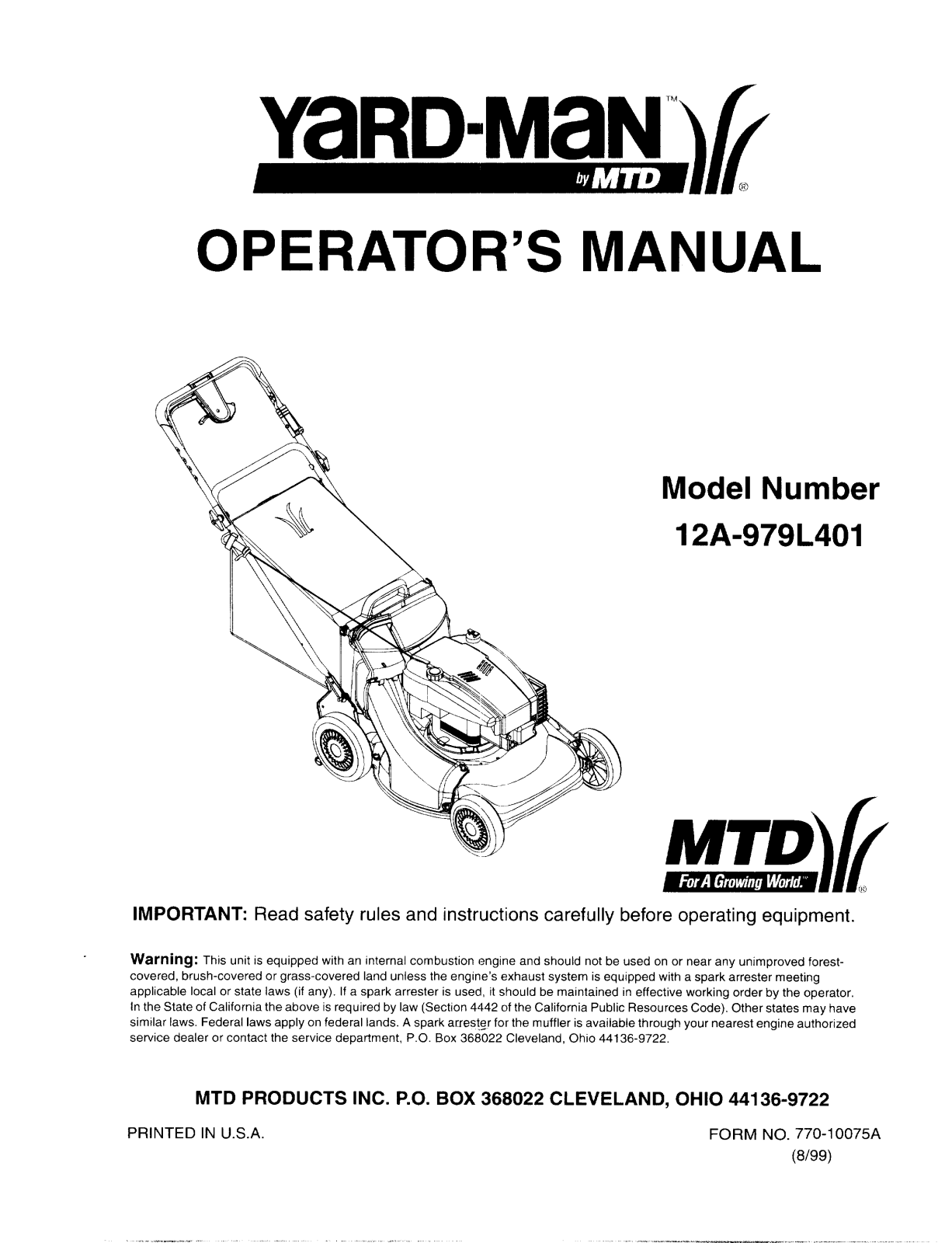 Yard-Man 12A-979L401 User Manual