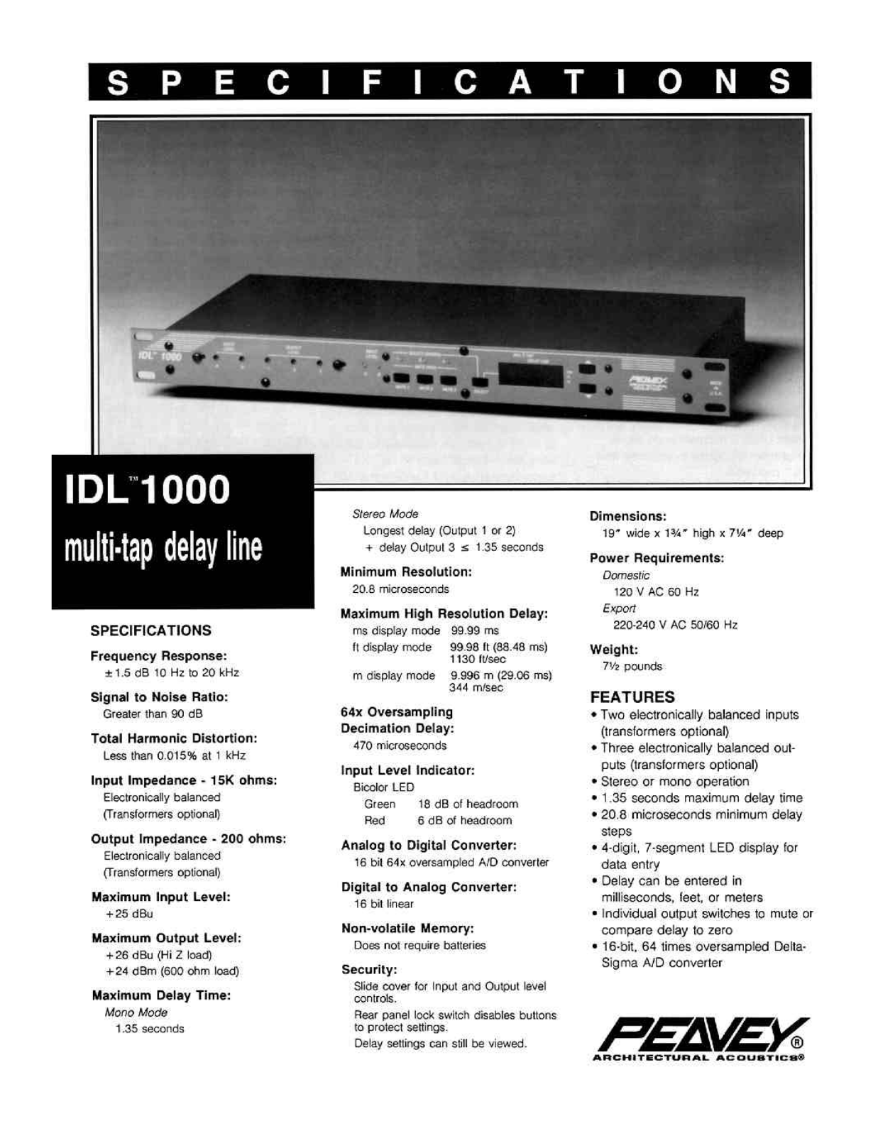 Peavey IDL 1000 Specifications