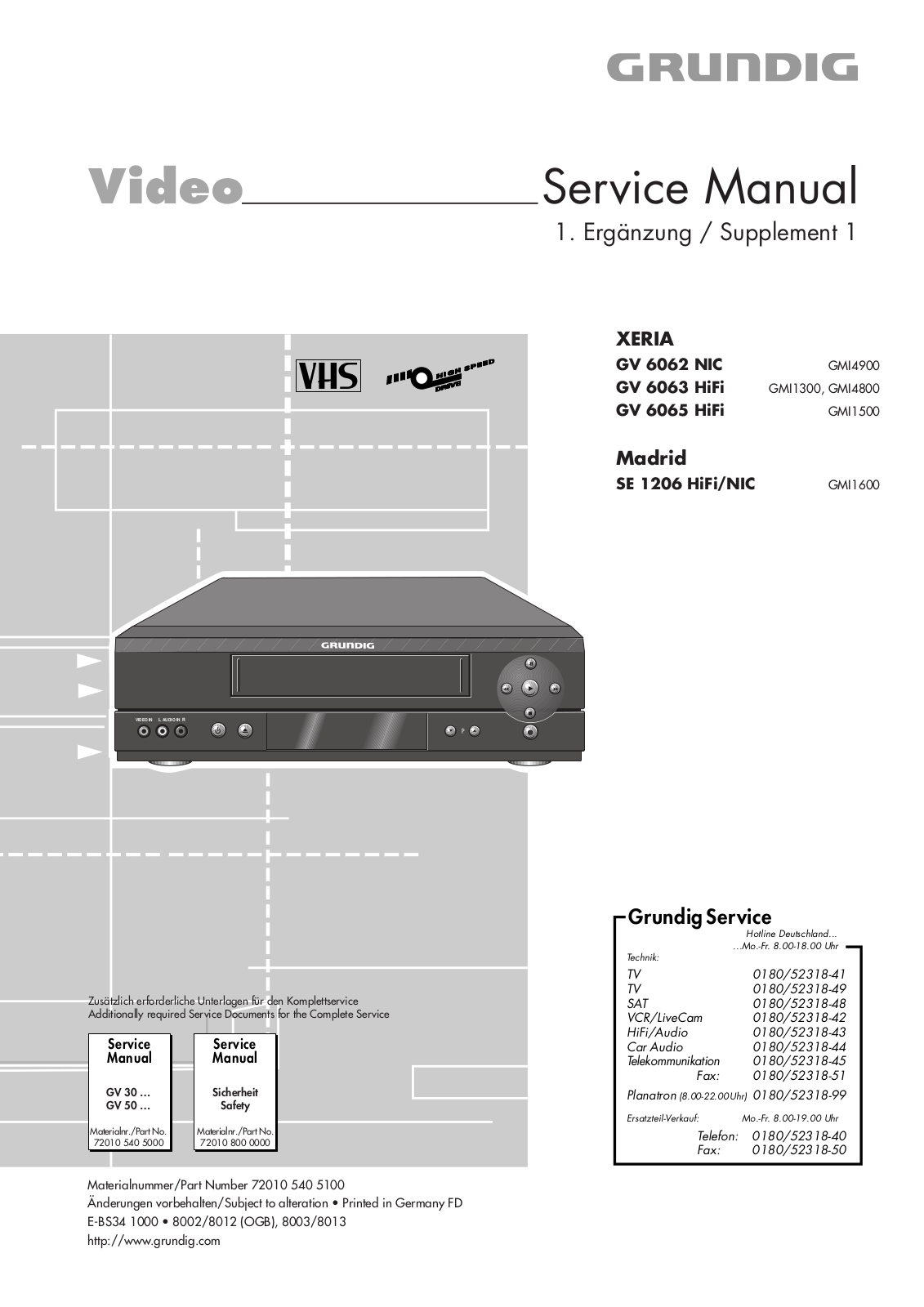 Grundig GV 6062 NIC, GV 6063 HiFi, SE 1206 HiFi-NIC, GV 6065 HiFi Service Manual