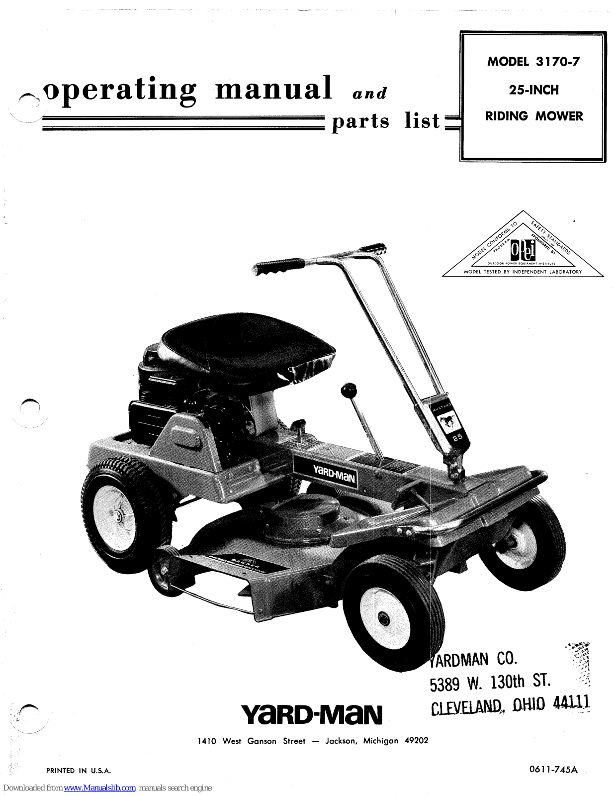 Yard-Man 3170-7 Operating Manual And Parts List