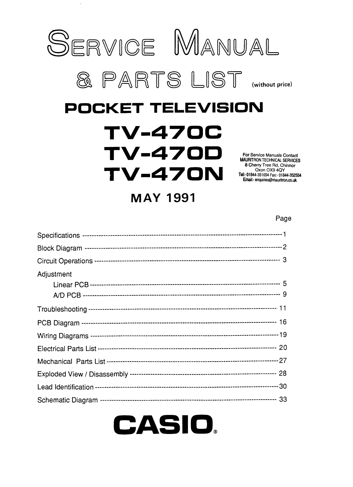 CASIO TV-470C, TV-470D, TV-470N Service Manual