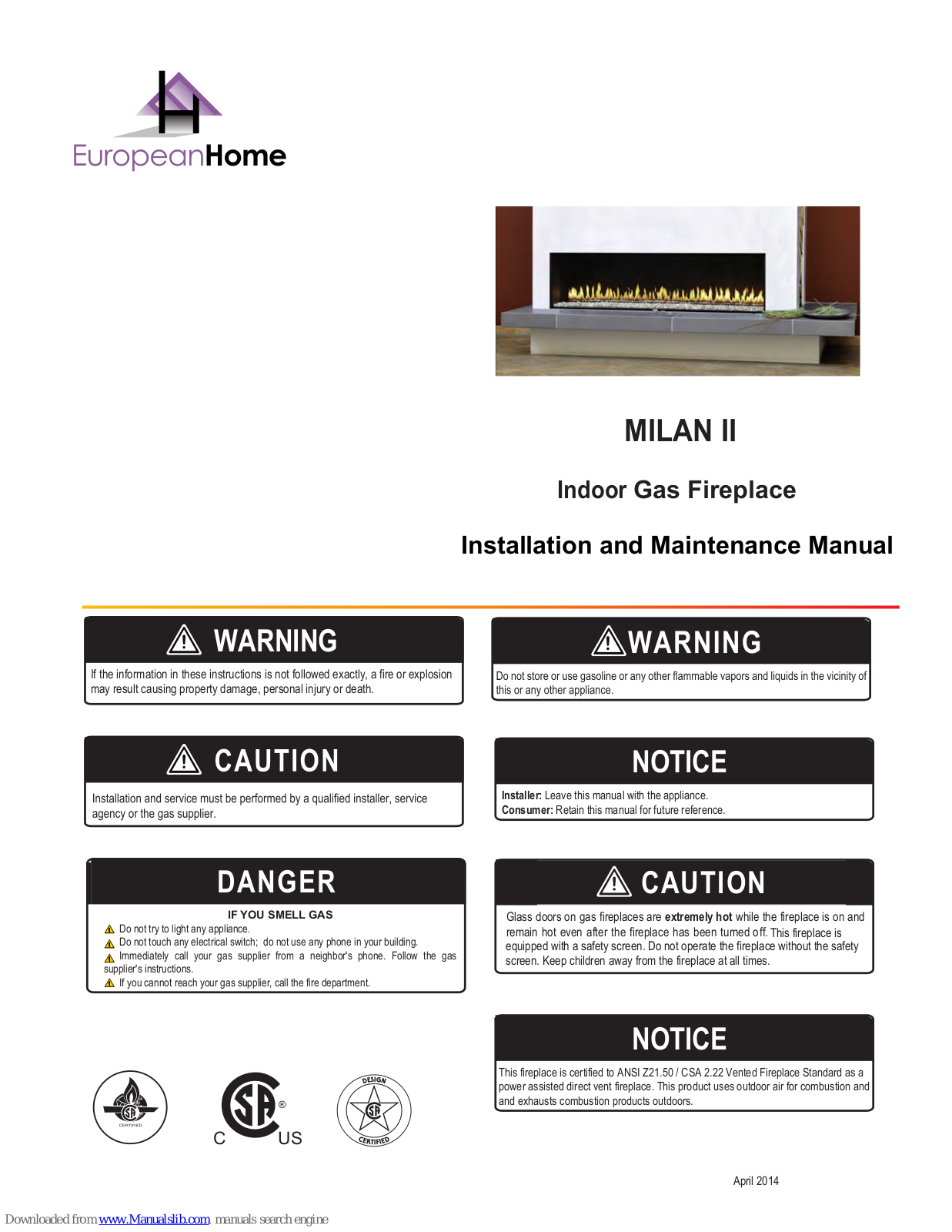 European Home MILAN II Installation And Maintenance Manual