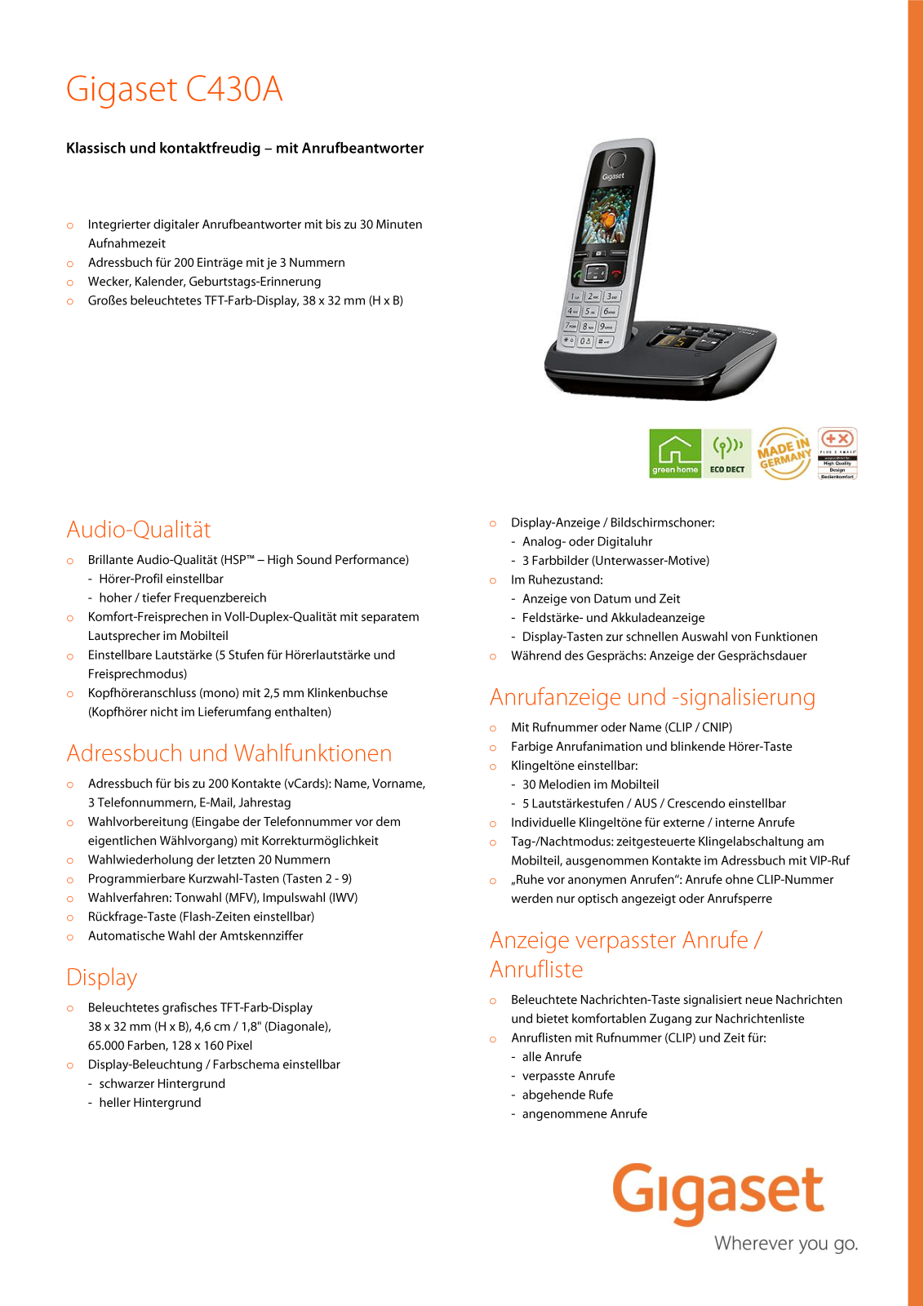 Gigaset DECT C430 Technical data