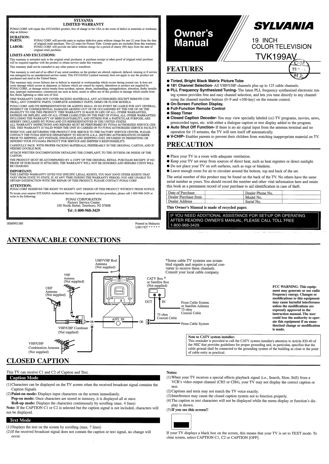 FUNAI TVK199AV, TVK199AV User Manual