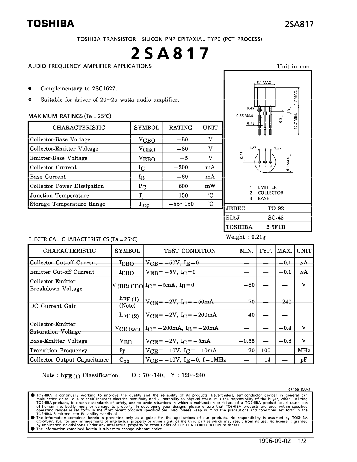 Toshiba 2SA817 Datasheet