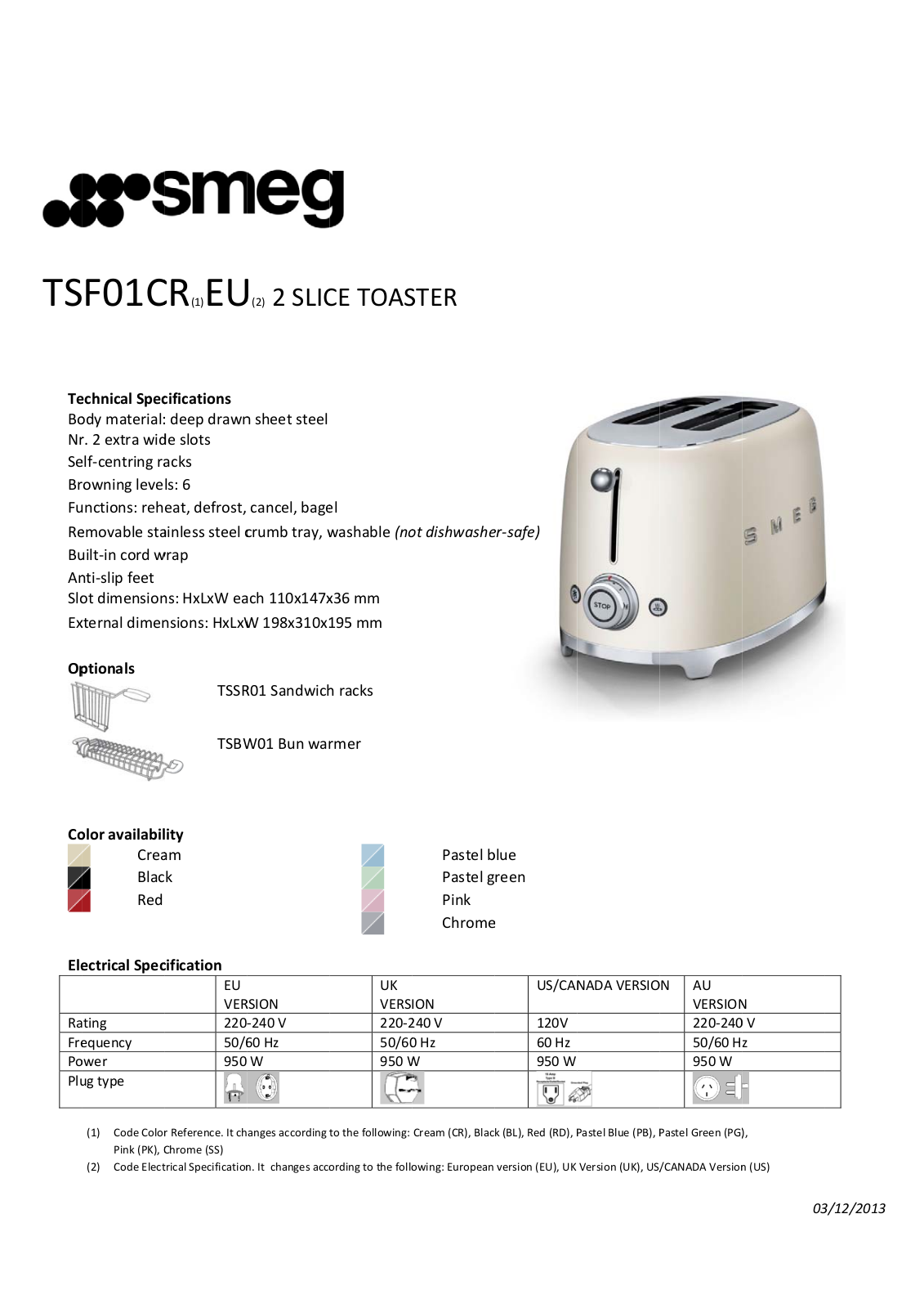 Smeg TSF01CREU, TSF01PBEU, TSF01PGEU, TSF01PKEU, TSF01RDEU User Manual