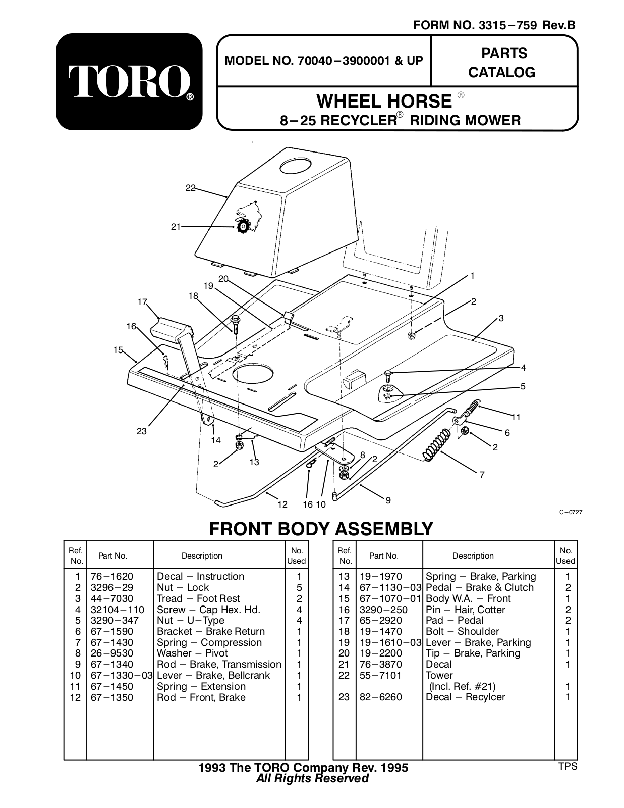 Toro 70040 Parts Catalogue