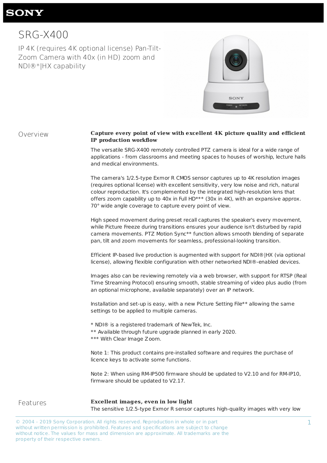 Sony SRG-X400WC Product Data Sheet