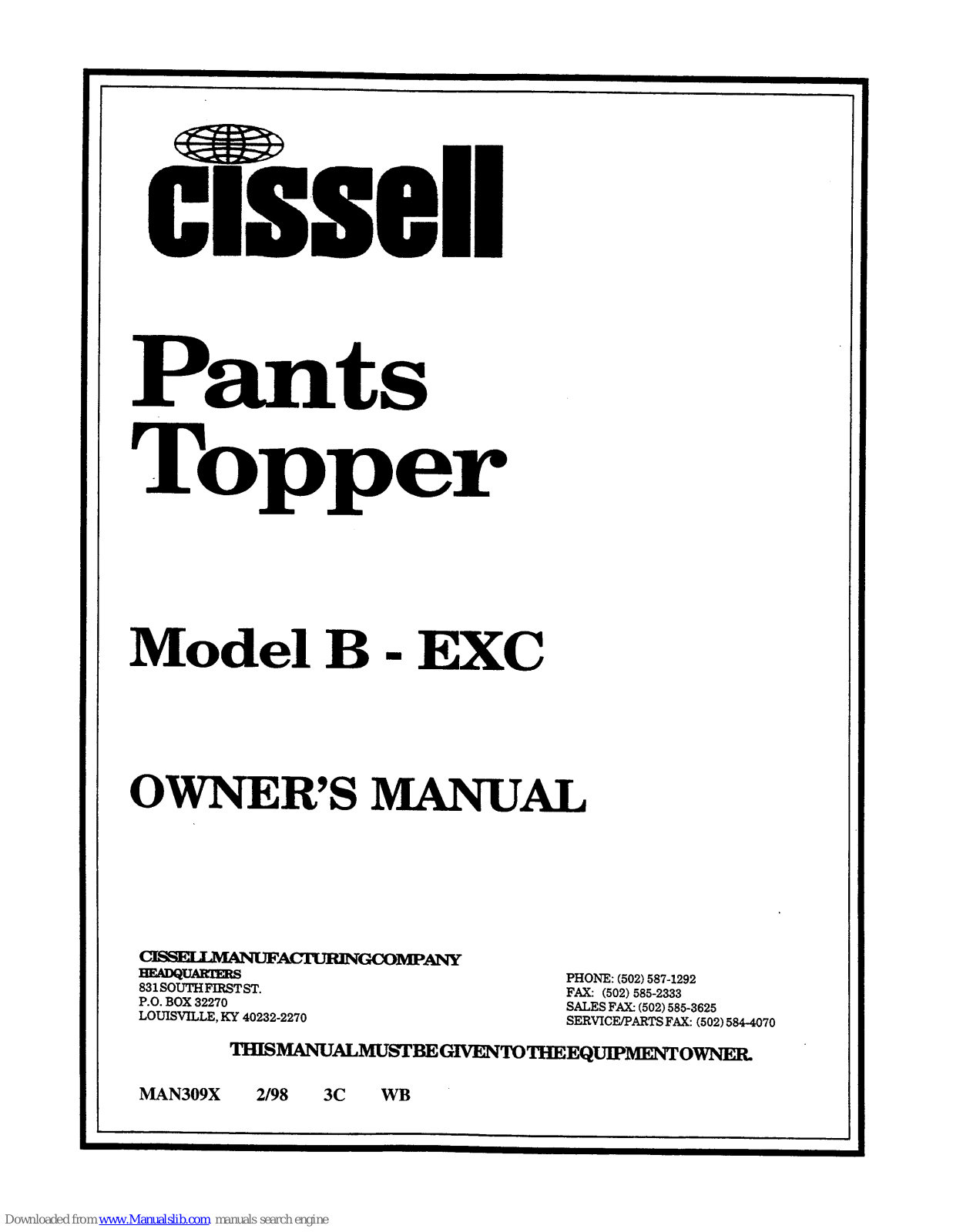 Cissell PANTOPBEXCMAN309X, B-EXC Owner's Manual