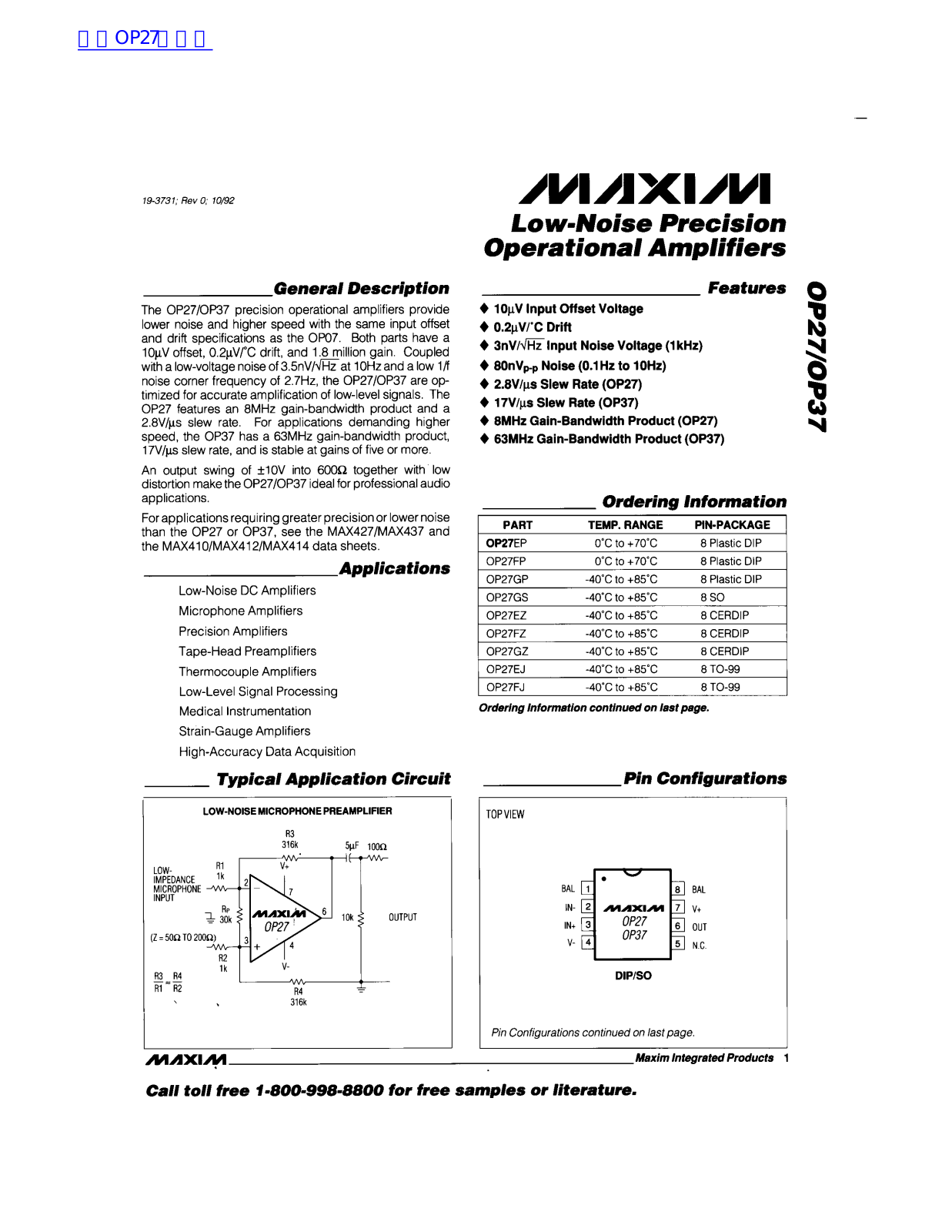 MAXIM OP27, OP37 Technical data