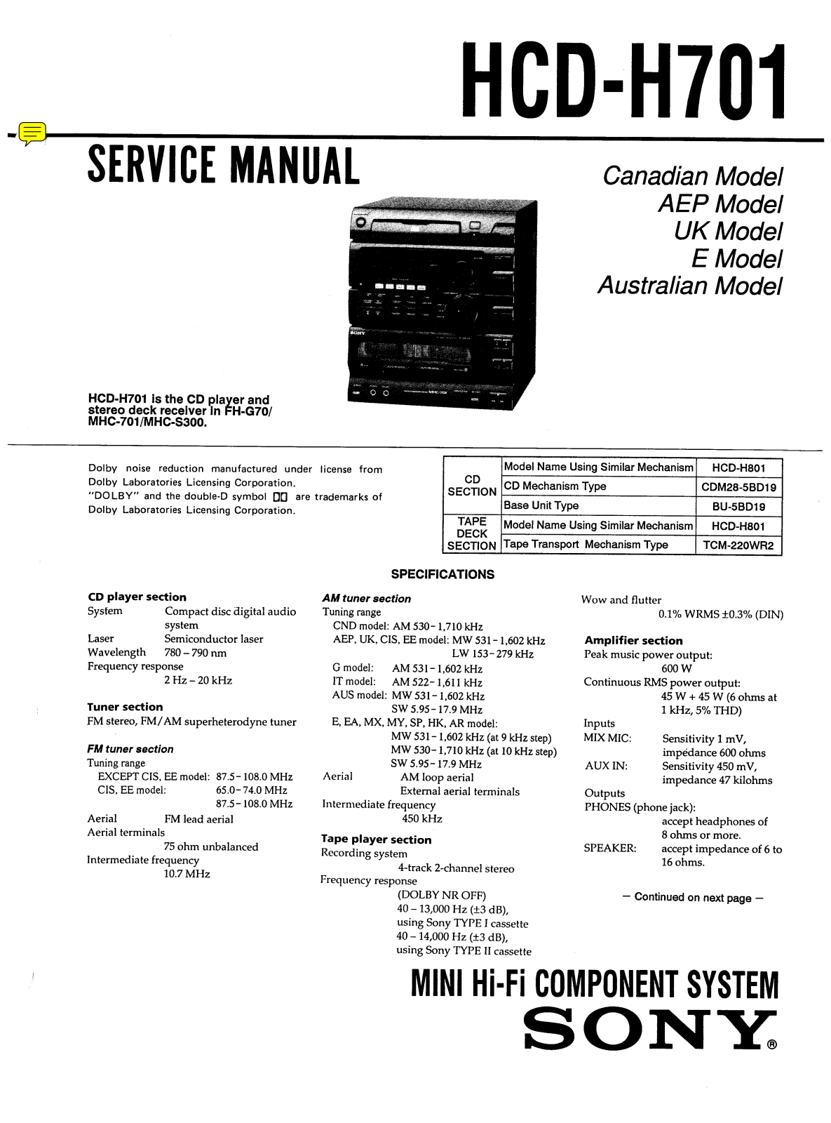 Sony HCD H701 Service Manual