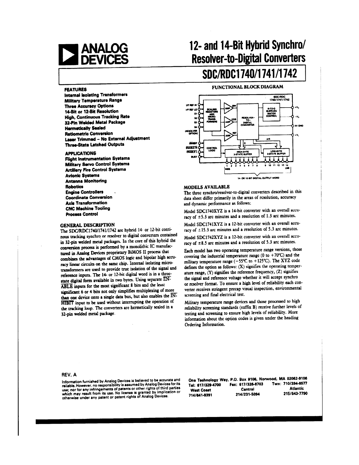 Analog Devices RDC1740, SDC1740, SDC1741, SDC1742 Datasheet