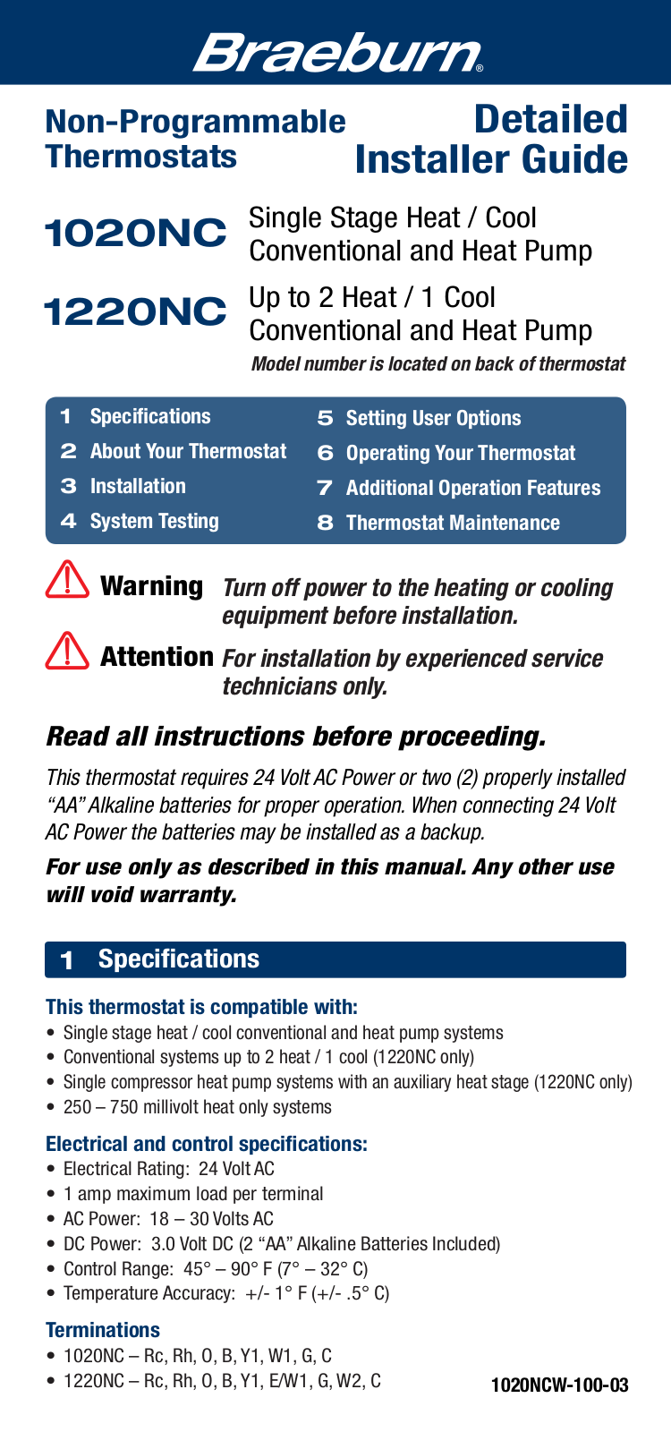 Braeburn 1220NC User Manual