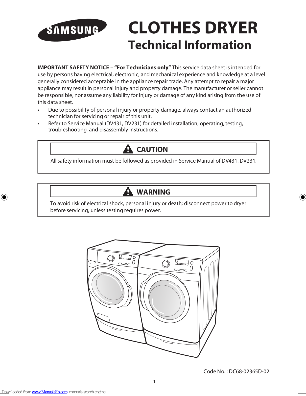 Samsung DV431AEP/XAA, DV431AEW/XAA, DV431AGP/XAA, DV431AGW/XAA, DV431 Technical Information