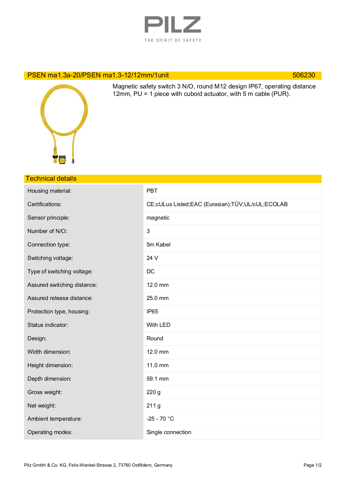 Pilz 506230 Data Sheet