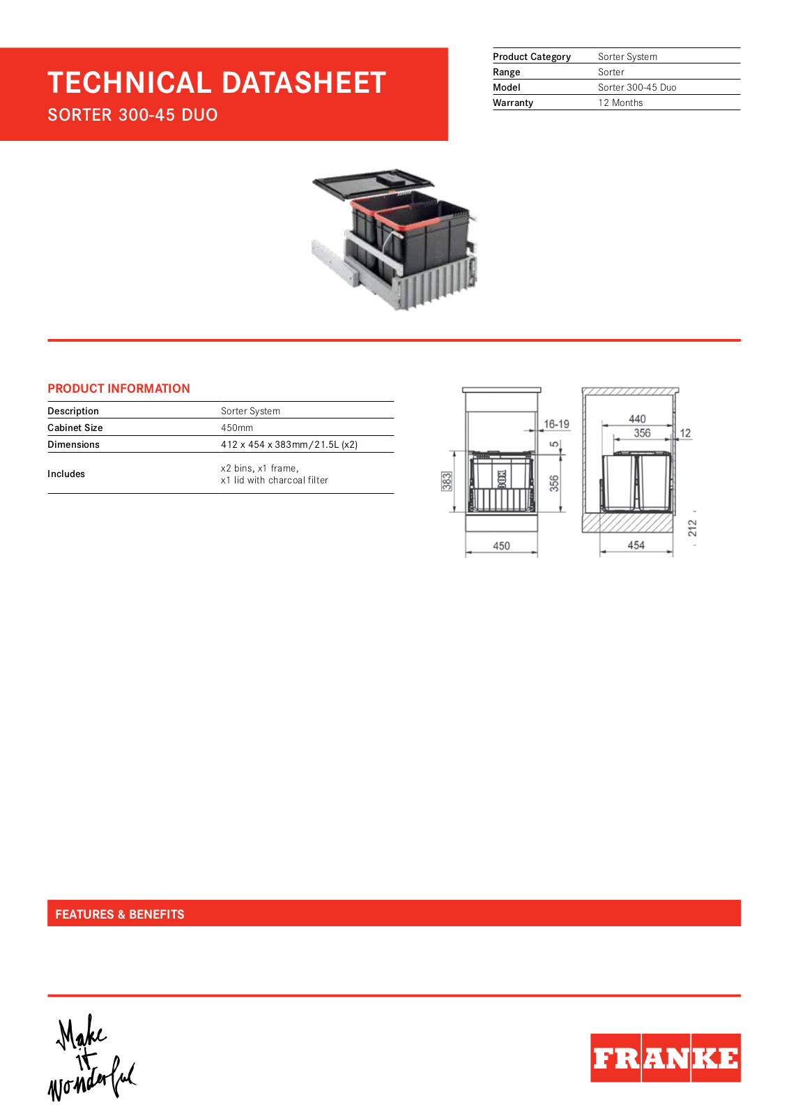 Franke SORTER300-45DUO Specifications Sheet