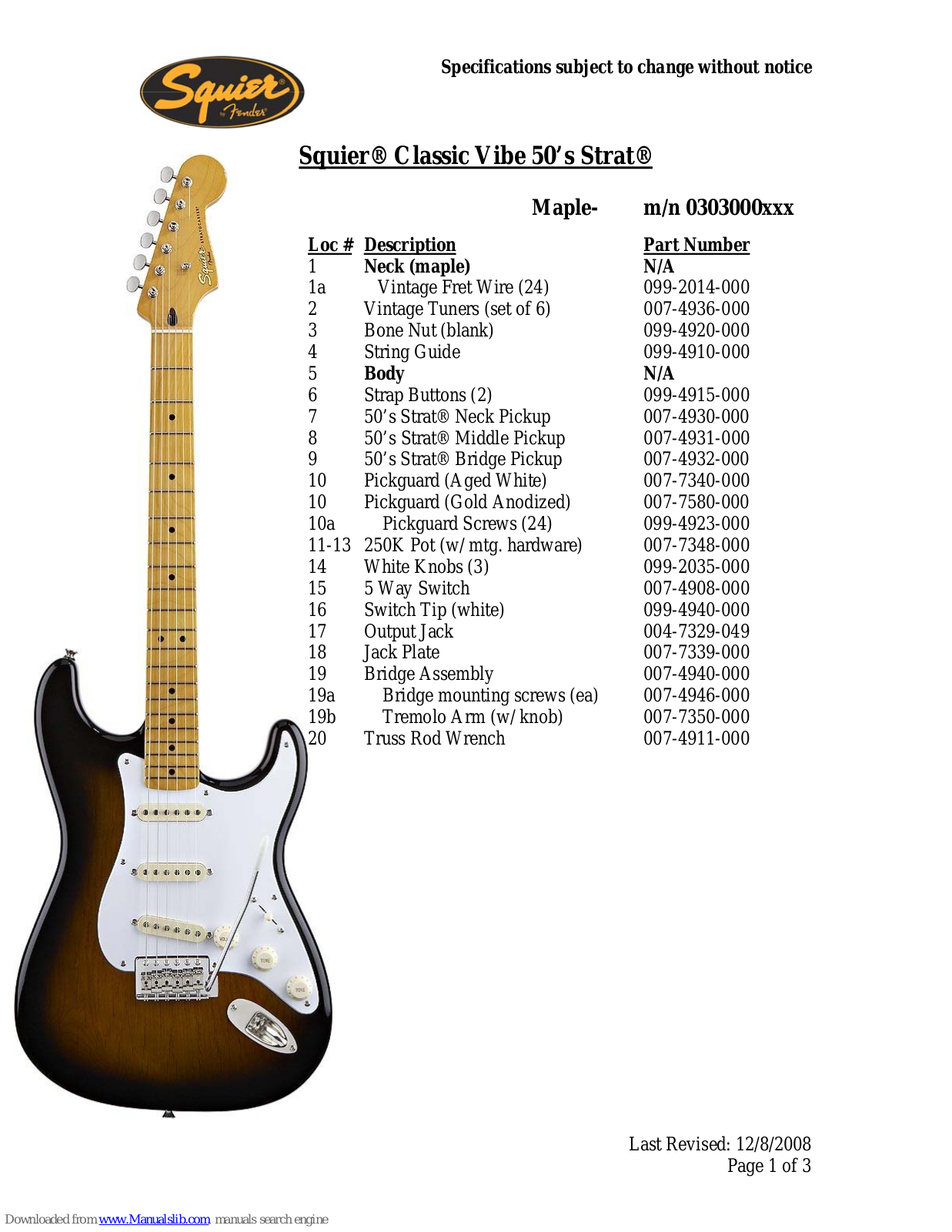 Squier Classic Vibe, Classic Vibe 50’s Strat Specification - ManualMachine.com
