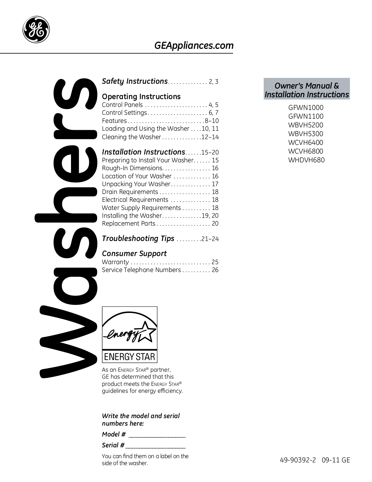 GE GFWN1000, GFWN1100, WBVH5200, WBVH5300, WCVH6400 Use and Care Manual