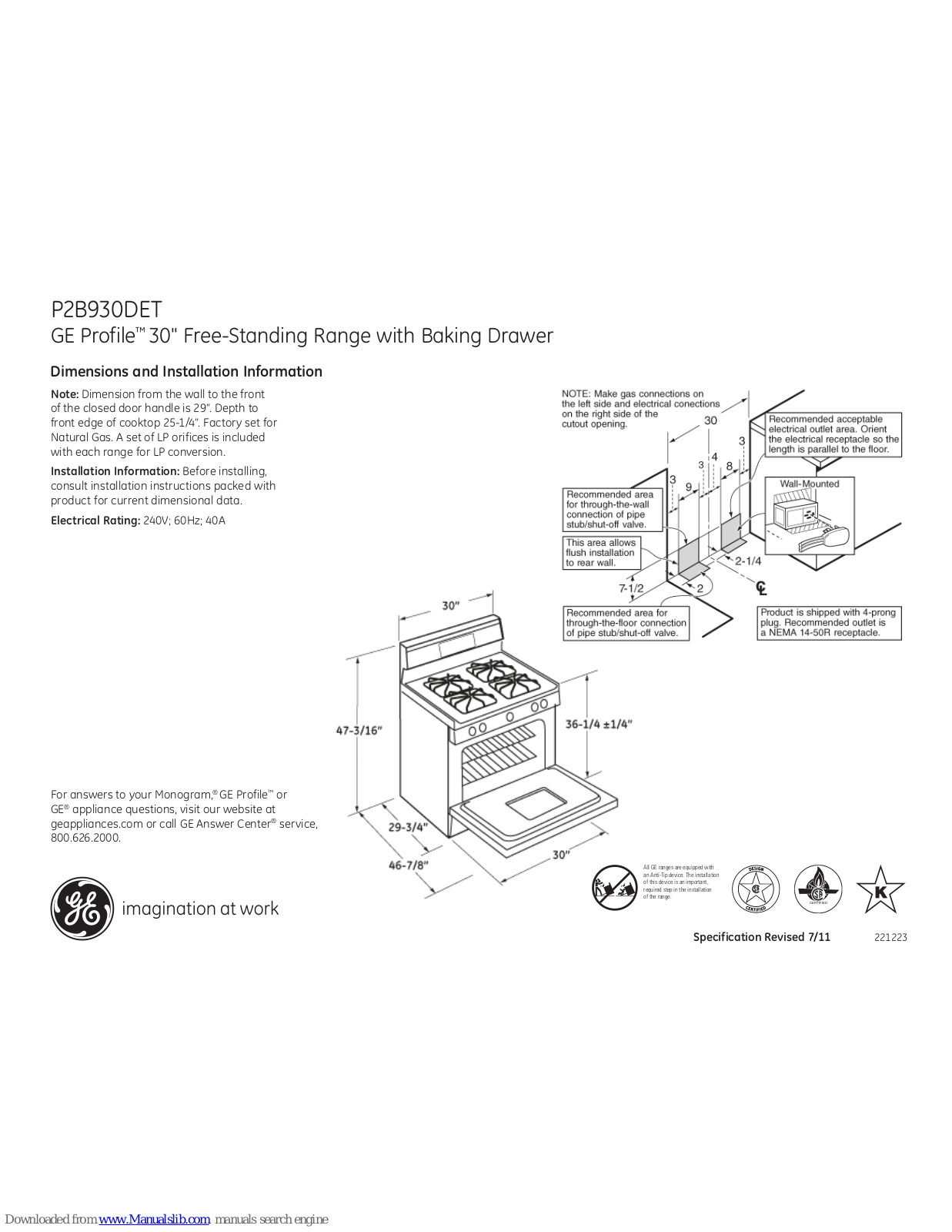 GE Profile P2B930DET, PProfile P2B930DETWW, Profile P2B930DETBB Dimensions And Installation Information