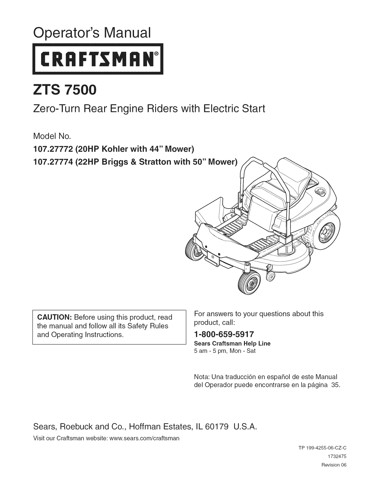 Craftsman ZTS7500, 107277740 Owner’s Manual