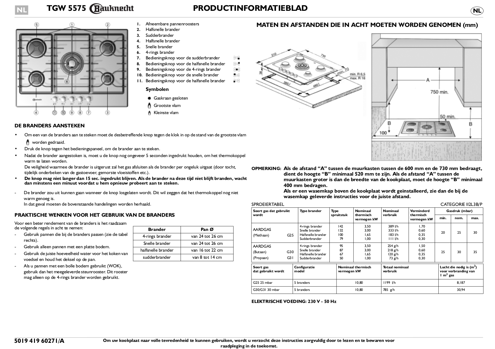 Whirlpool TGW 5575 IXL, TGW 5575 IN, TGW 5575/IN/01 INSTRUCTION FOR USE