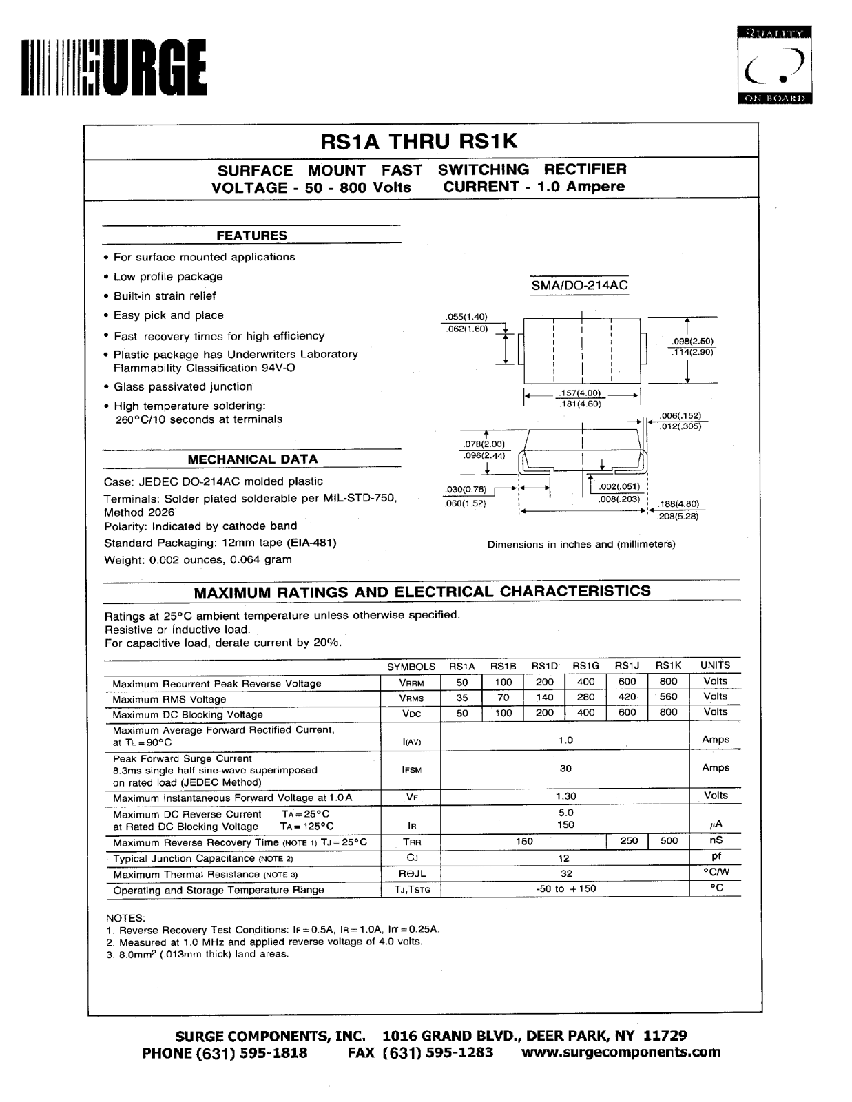 SURGE RS1A, RS1B, RS1D, RS1G, RS1K Datasheet