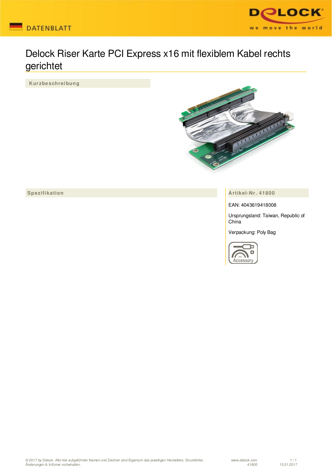 DeLOCK Riser Karte PCIe x16, 70mm User Manual