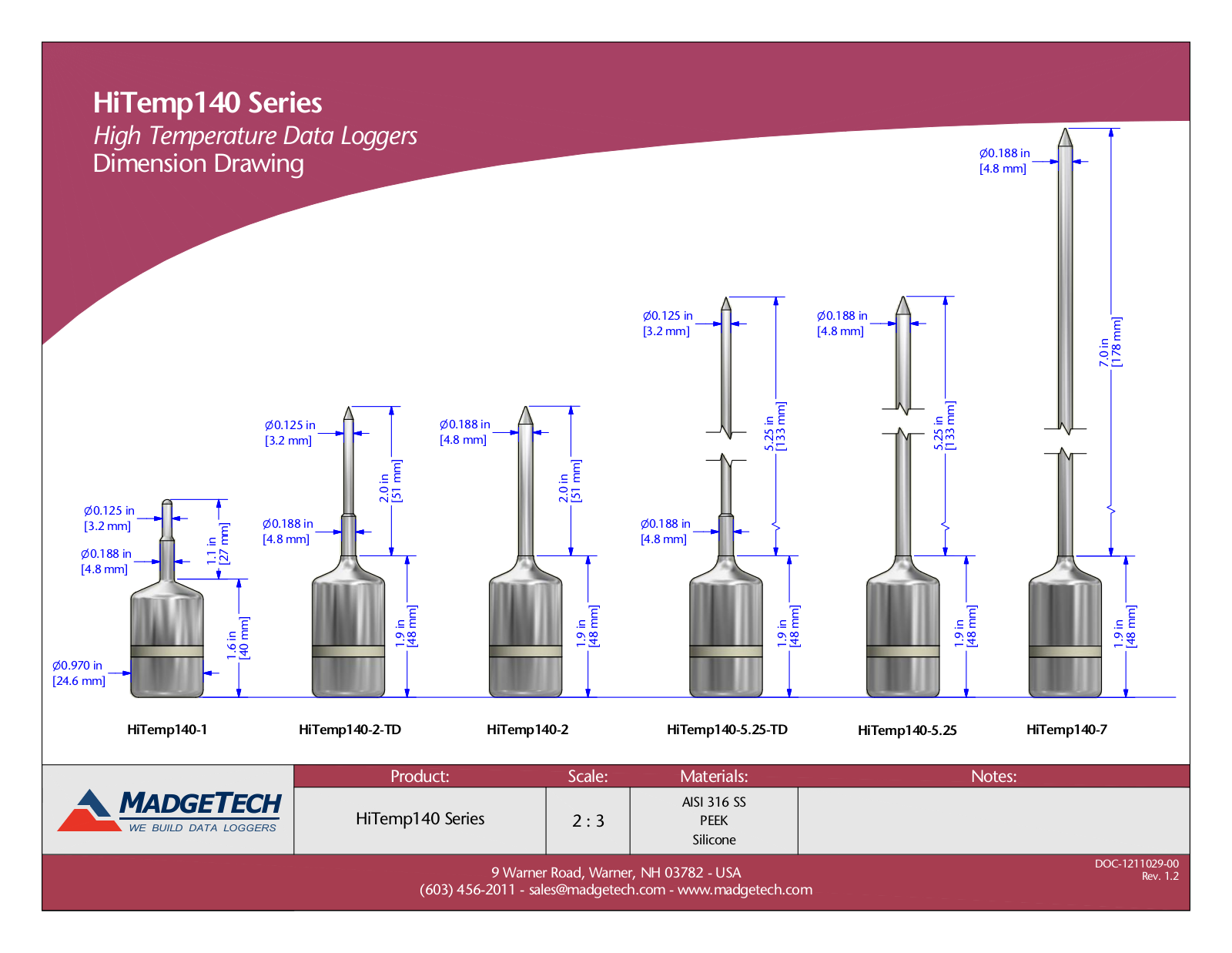 MadgeTech HiTemp140-1, HiTemp140-2-TD, HiTemp140-2, HiTemp140-5.25-TD, HiTemp140-5.25 Data Sheet