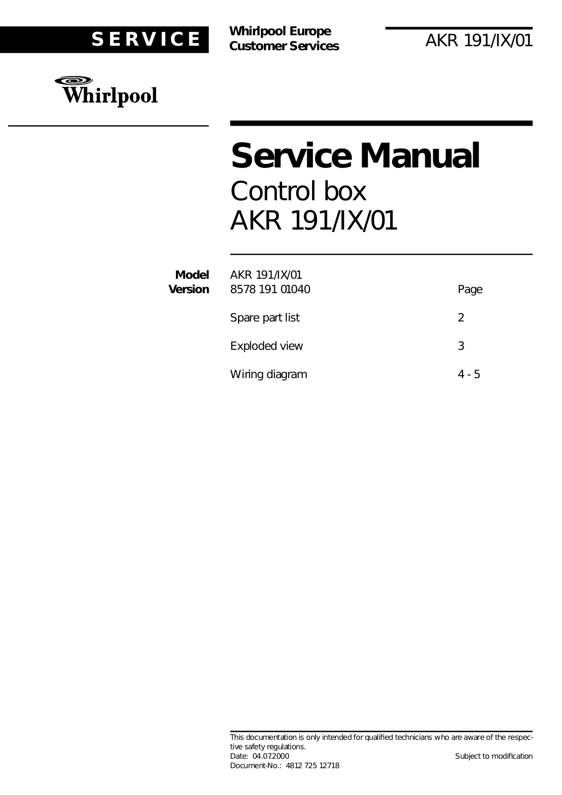 Whirlpool AKR 191/IX/01 Service Manual