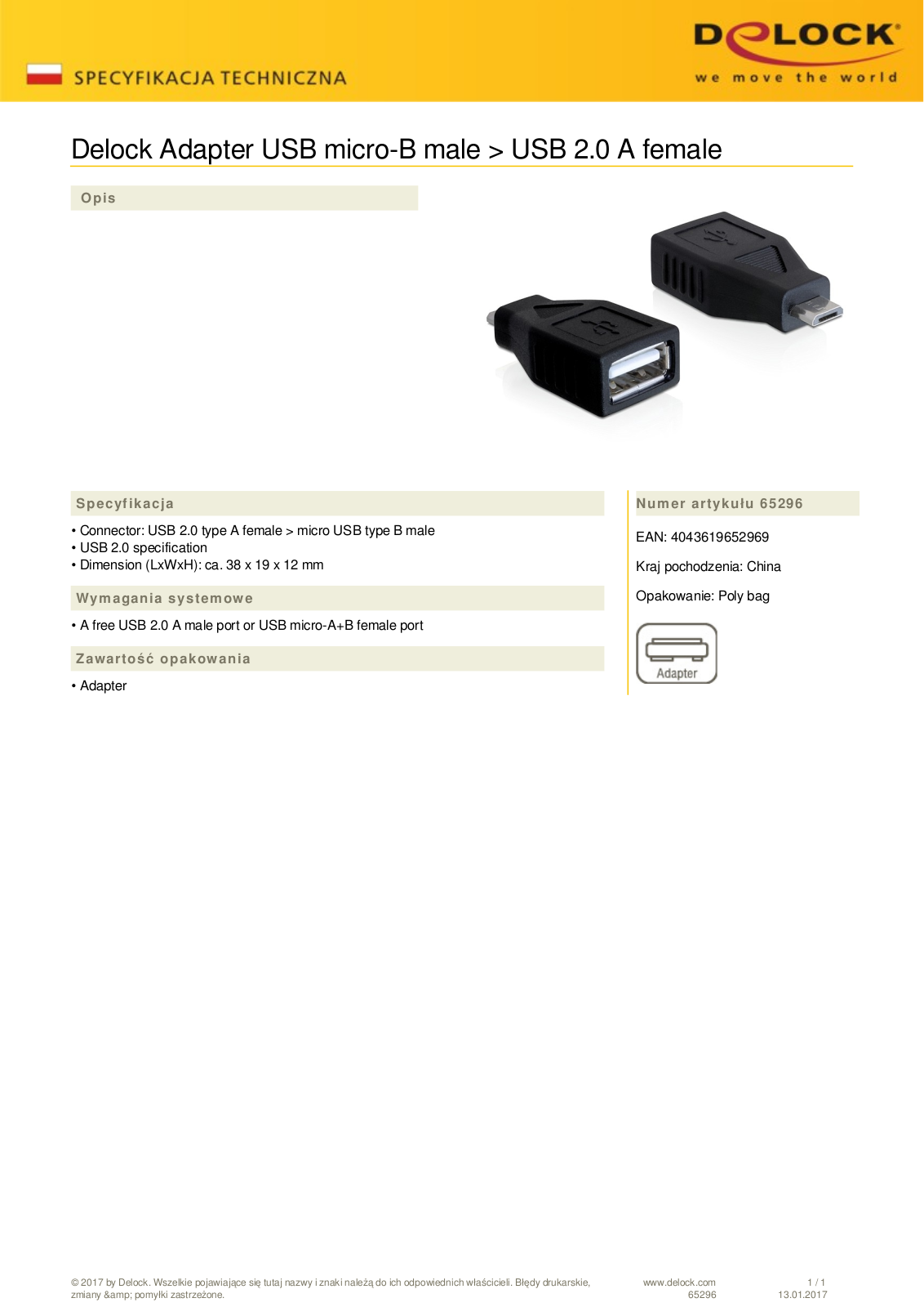 DeLOCK USB 2.0 adapter, micro-B  plug  to USB-A  socket User Manual