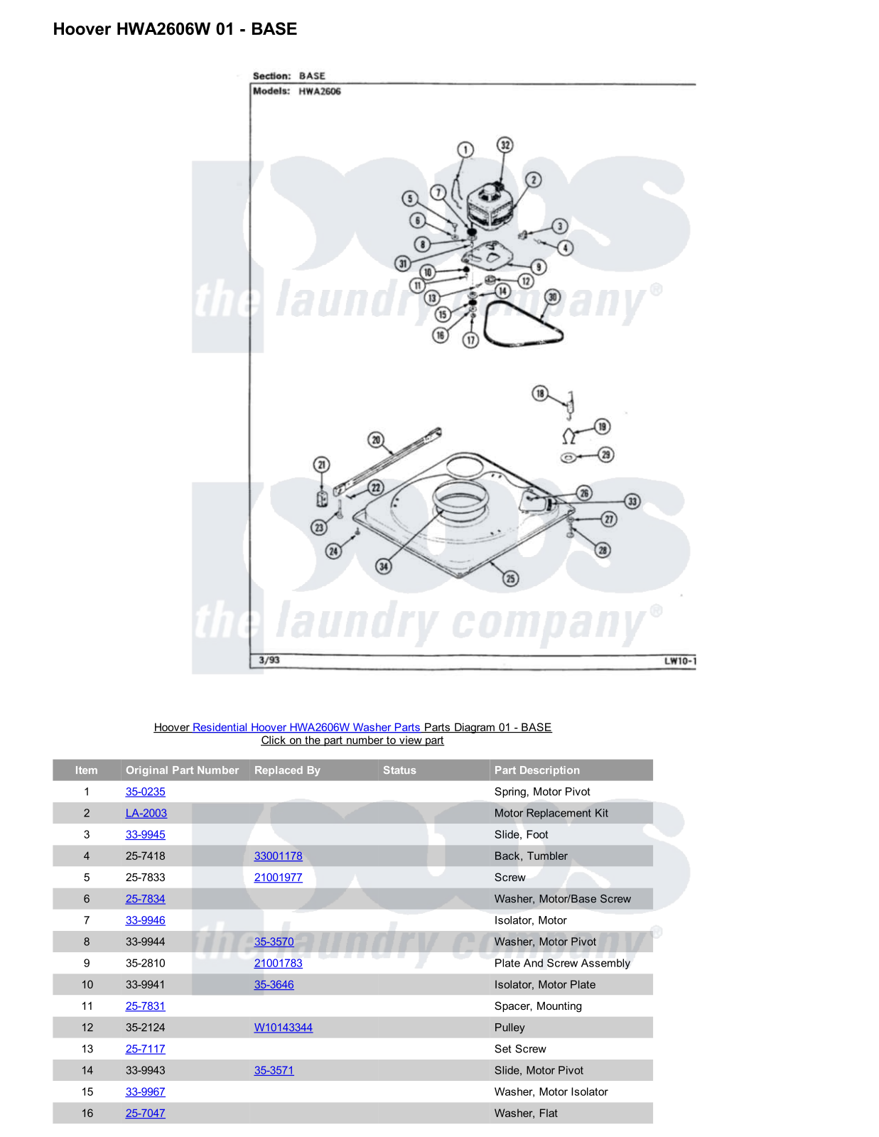 Hoover HWA2606W Parts Diagram