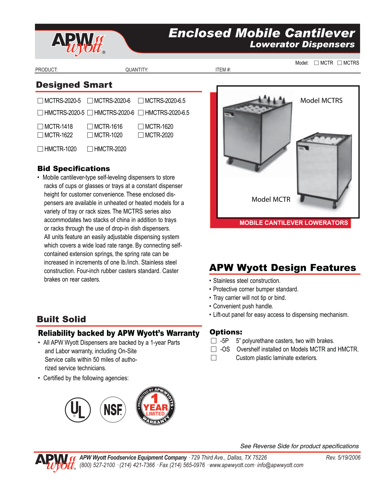 Wyott HMCTR-1020 Specifications