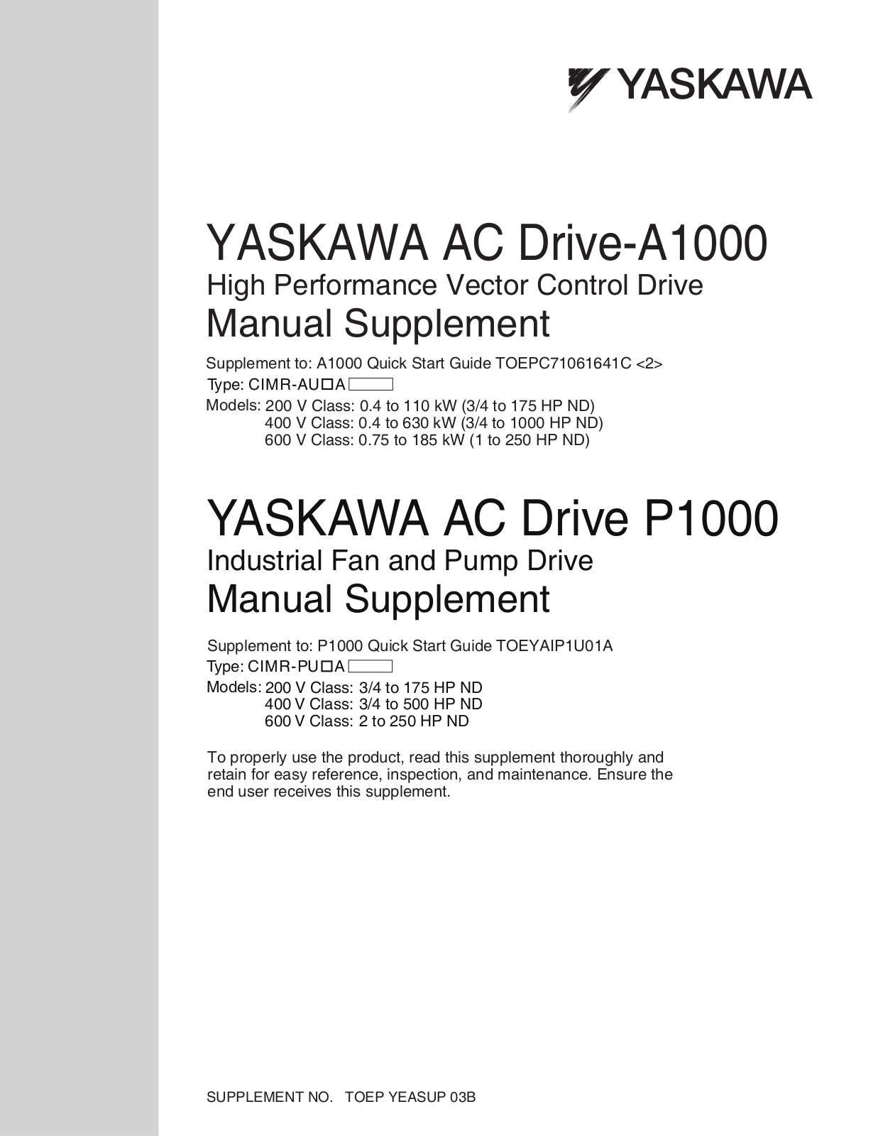 Yaskawa AC Drive A1000, AC Drive P1000 Manual Supplement