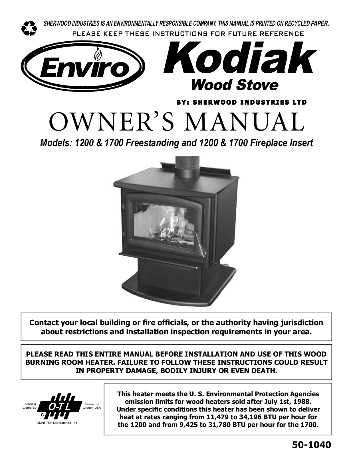 Enviro Kodiak 1200 Freestanding, Kodiak 1700 Freestanding, Kodiak 50-1040, Kodiak 1200 Fireplace Insert, Kodiak C-10240 User Manual