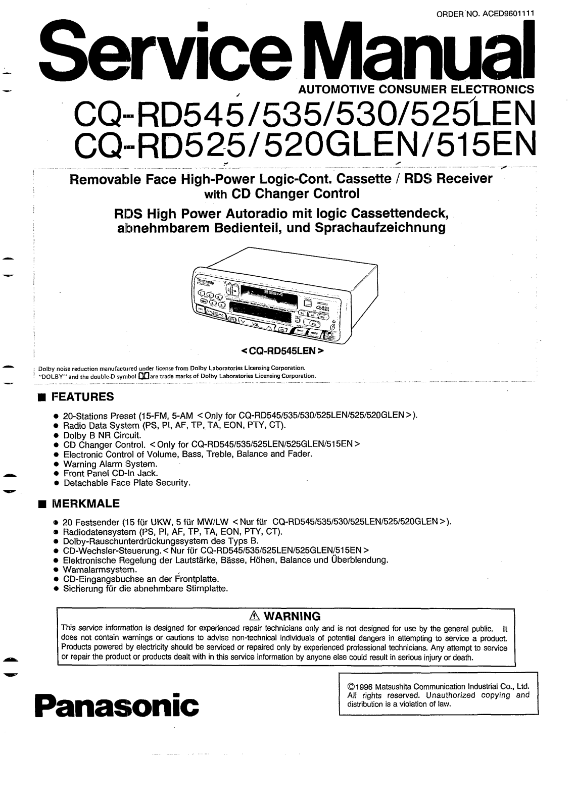 Panasonic CQRD-515-EN, CQRD-520-GLEN, CQRD-525, CQRD-525-LEN, CQRD-530 Service manual