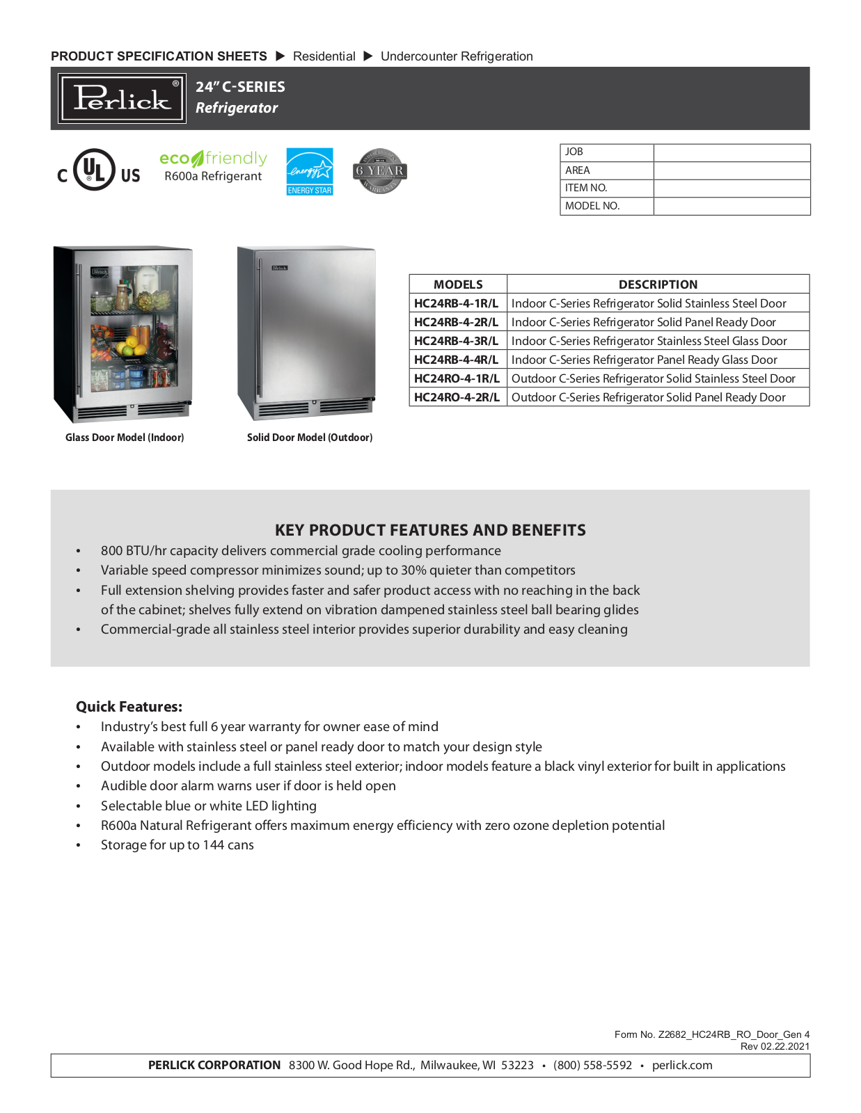 Perlick HC24RB-4-1R, HC24RO-4-2R, HC24RB-4-2L, HC24RB-4-4R, HC24RB-4-2R Specification Sheet