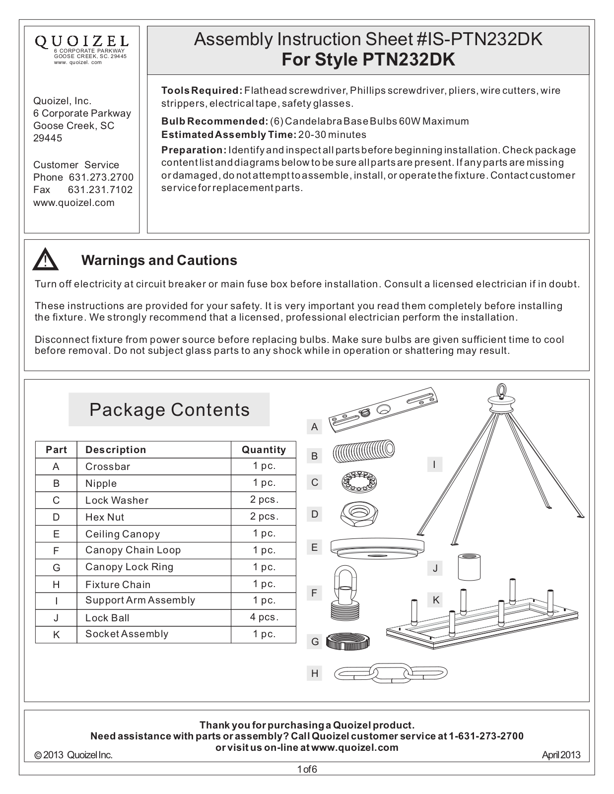 Quoizel PTN232DK User Manual