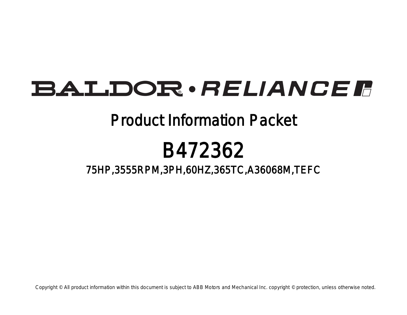 Baldor B472362 Product Information Sheet