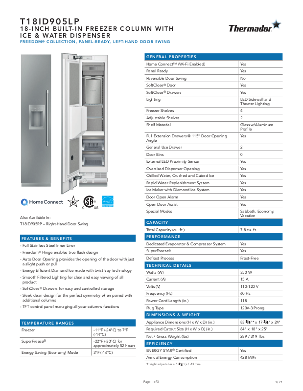 Thermador T18ID905LP Specification Sheet