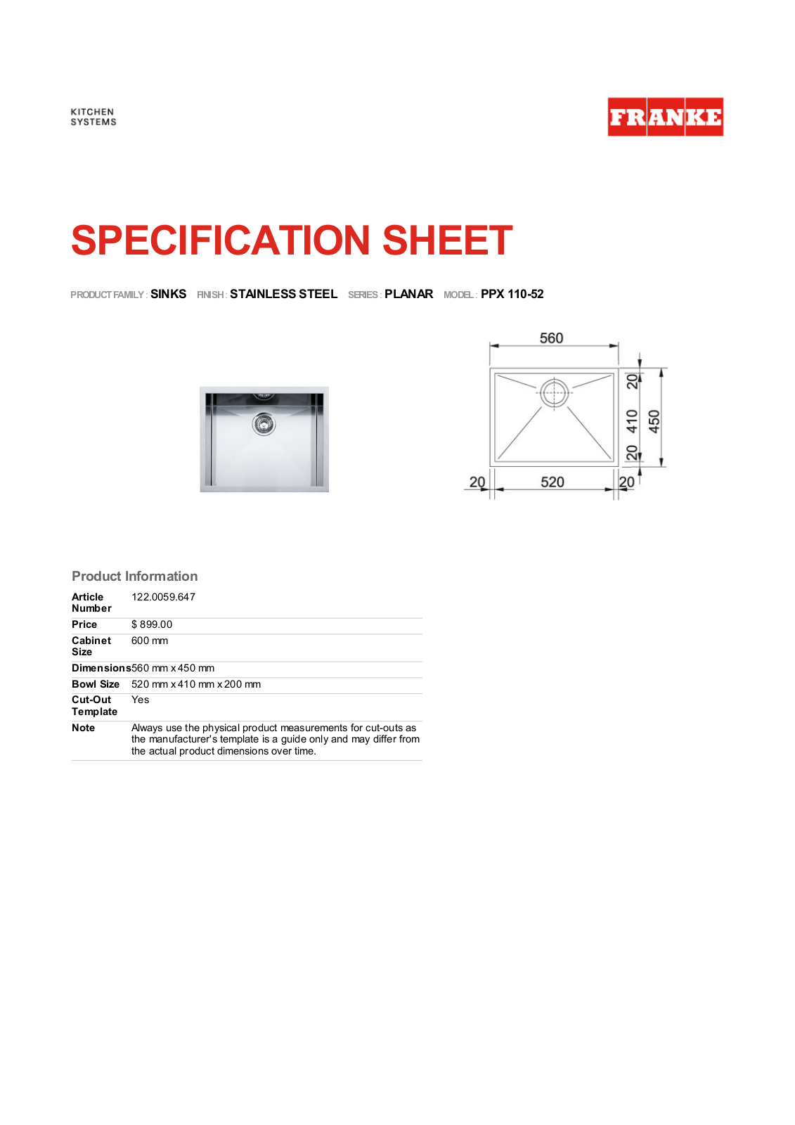 Franke Foodservice PPX 110-52 User Manual